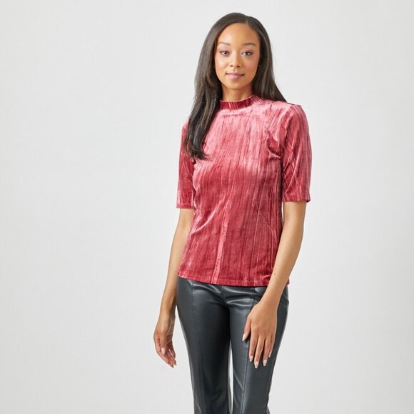 MYSTREE Velvet Mock Neck Short Sleeve Top, Dusty Rose Red, Soft Luxe Stretch - Picture 6 of 7